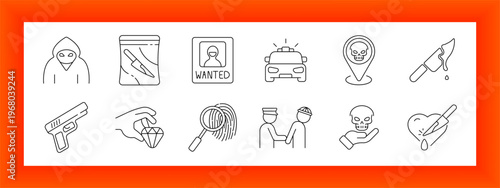 Crime and investigation line icons set with police, fingerprint, weapon, evidence and forensic elements
