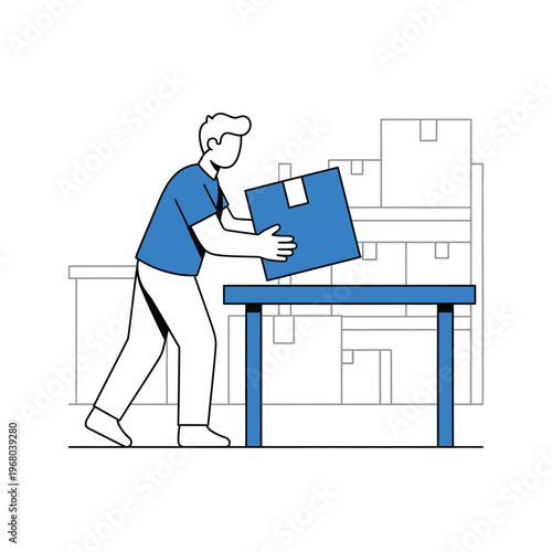 Man Placing Box on Table in Warehouse.