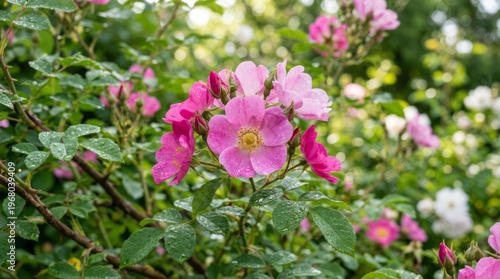 Beautiful Pink and White Roses in Bloom Roses Flowers Nature Garden Pink Flowers White Flowers Blooming. Concept featuring roses, flowers, nature, garden, pink flowers for professional commercial d...