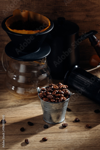 Rustic Coffee Setup with Beans, Brewing Equipment, and Dark Background