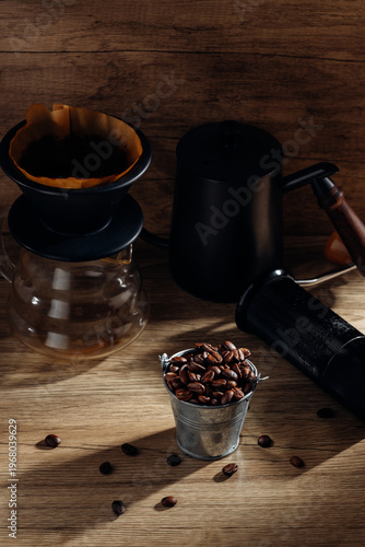 Cozy Coffee Setup with Brewing Equipment and Fresh Beans on Wood