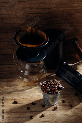 Coffee Brewing Setup with Beans and Filter on Rustic Wooden Surface