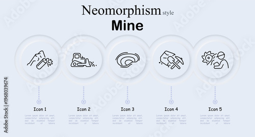 Mine set icon. Neomorphism style interface with rock explosion pickaxe, bulldozer machine, underground tunnel spiral, mining tools hammer pickaxe, worker with helmet gear