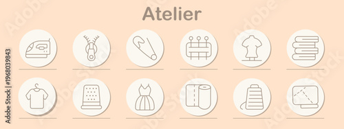 Atelier set icon. Line symbols depict sewing machine, zipper, safety pin, measuring pins board, dress form, fabric stack, t shirt, sewing thimble, dress garment, thread roll, spool cone