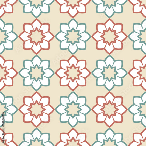 Seamless floral geometric vector pattern with stylized symmetrical flowers in soft pastel colors. Decorative repeating pattern design. Perfect for wallpaper, textiles, wrapping paper, and backgrounds.