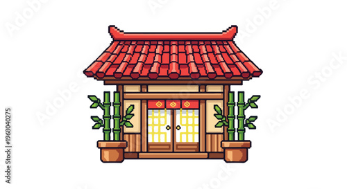 This pixel art vector illustration depicts a traditional East Asian house with a red tiled roof, sliding doors, and bamboo plants in pots.