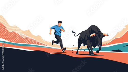 Energetic illustration of a man running away from a charging black bull in a mountainous desert landscape during a traditional event.