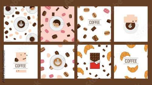Collection of seamless coffee patterns and illustrations including espresso cups, macarons, chocolate bars, and croissants in a warm palette.