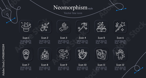 Magic wizard set icon. Magic hat rabbit, enchanted broom, flame spell, magic wand, spellbook, wizard staff, occult skull, ritual candles, mystic smoke, alchemy potion, tarot cards, voodoo doll