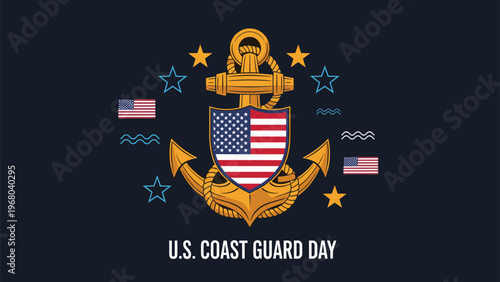 United States Coast Guard Day emblem featuring a large anchor with the national flag on a shield surrounded by stars and stripes.
