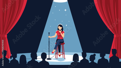 Talented female singer or stand-up comedian performing on a stage under a bright spotlight with red curtains and audience.