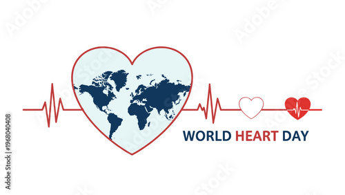 World Heart Day awareness banner featuring heart shapes and global map with electrocardiogram pulse lines on white background.