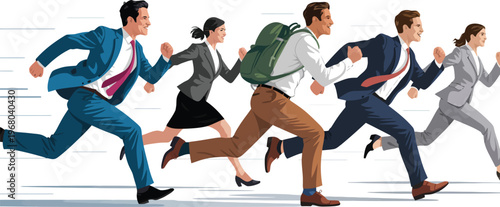 Business People Running Fast in Competition on White Background