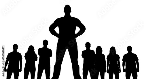 A black silhouette illustration of a group of people including men, women, and children walking together as a family and team