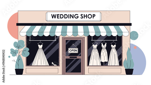 Elegant wedding shop storefront displaying beautiful white bridal gowns in large windows under a striped awning.