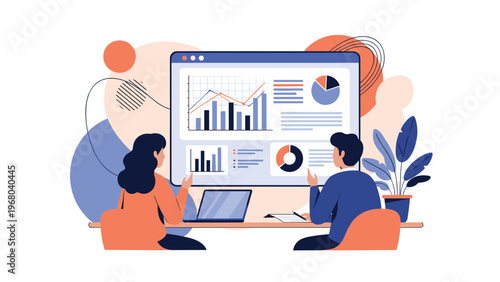 Business professionals analyzing complex financial data and statistics on a large monitor during a team meeting.