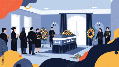 Somber funeral ceremony in a chapel where family and friends gather around a casket to pay their final respects.