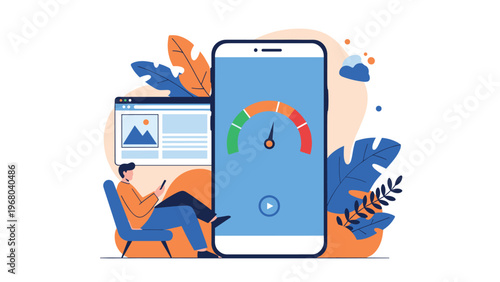Concept of high speed mobile internet and data connectivity with a speedometer on a smartphone screen.