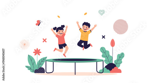 Happy young boy and girl jumping with joy on a trampoline in a garden during a fun outdoor play activity.