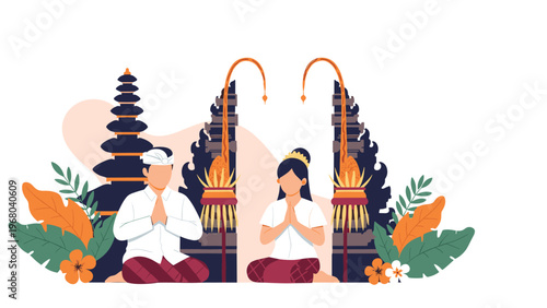 Balinese couple in traditional attire praying in front of an ornate temple gate representing culture and spirituality.