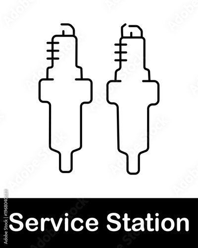 Automotive spark plugs line icon representing car engine ignition system, maintenance and service station repair concept in minimal outline vector