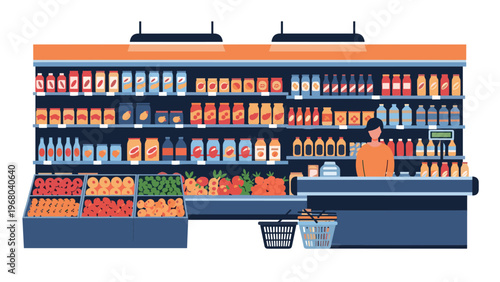 Supermarket interior design shows organized shelves filled with groceries and a male cashier standing at the checkout counter workstation.