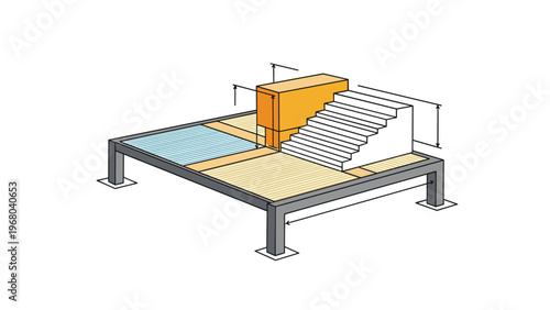 Technical architectural diagram displays a raised industrial platform with steps and detailed dimension lines for engineering construction.