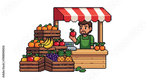A pixel art illustration of a male vendor holding an apple while standing behind a fruit stall with various fresh products in wooden crates.
