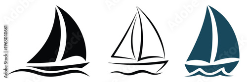 Sailing boats on calm waters, black white and blue palette, sailboat icon silhouettes, nautical logo for sale, marine and travel concept, clean vector design elements for branding, apps, and coastal b