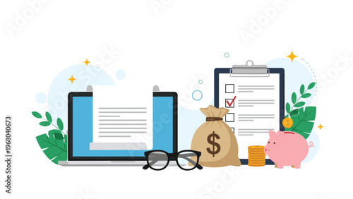 Personal finance and savings concept features a laptop computer with financial documents, money bag, piggy bank, and a checklist for budget goals.