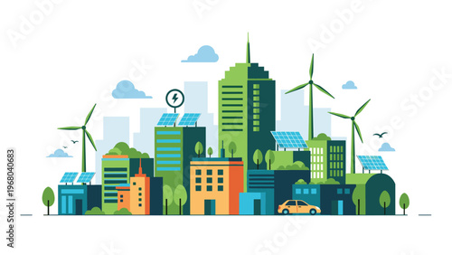 Sustainable eco city landscape shows green skyscrapers equipped with solar panels and wind turbines for renewable energy urban development.