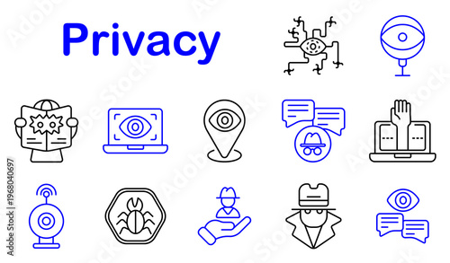 Privacy security set icon. Line style icons display network eye, webcam camera, masked user, laptop tracking, location eye, chat spy, data protection, bug virus, security guard, anonymous agent