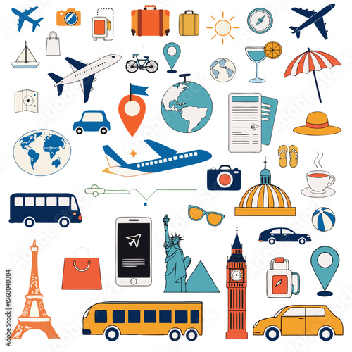 Travel Pattern Vector with Airplane, Suitcase and Passport Icons, Flat Tourism Background