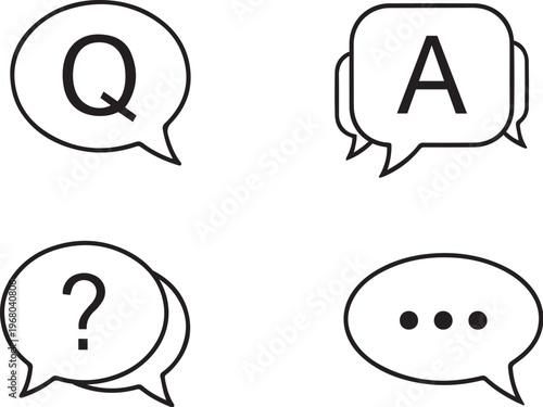 Minimal Chat Bubble Icons Set with Q and A Letters, Question Mark and Typing Dots, Black Line Vector Communication Symbols