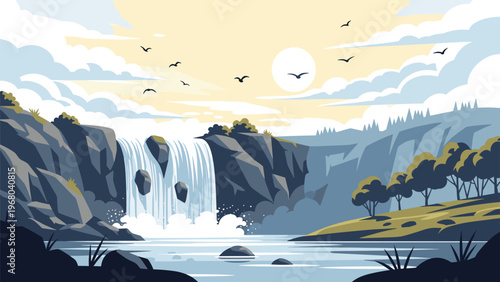 Beautiful nature landscape features a powerful waterfall cascading over rocky cliffs into a river during a peaceful sunset with birds flying above.