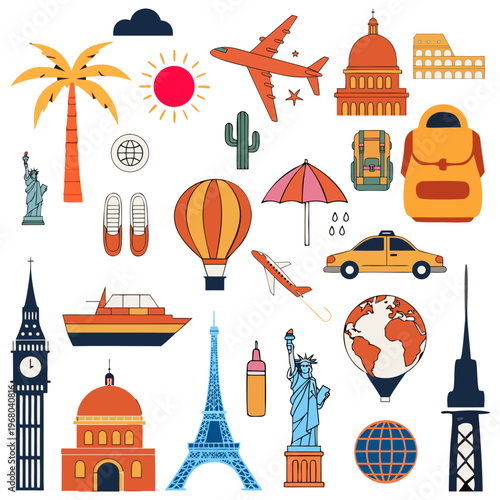 Travel Pattern Vector with Airplane, Suitcase and Passport Icons, Landmarks and Navigation Icons, Vector Background