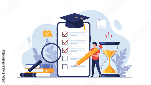 Online exam and graduation concept features a student using a smartphone with a checklist, mortarboard cap, and an hourglass for time management.