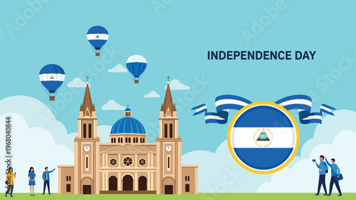 Nicaragua Independence Day celebration features a majestic cathedral, national flags, hot air balloons, and people enjoying the historical city plaza.