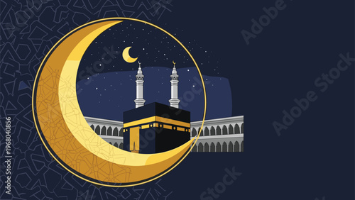 Islamic religious landscape features the Kaaba in Mecca framed by a large golden crescent moon under a starry night sky for Hajj or Ramadan rituals.