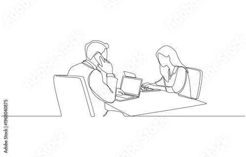 Continuous one line of male employee talking on phone with customer, while female colleague staring intently at laptop screen, office productivity and teamwork concept, single line art