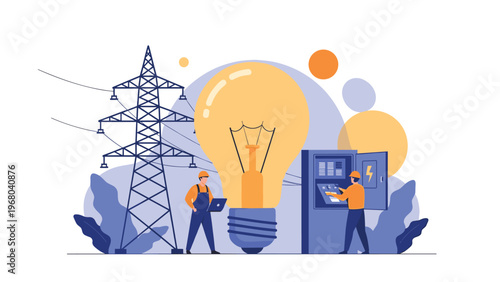 Electrical power infrastructure concept features high-voltage power lines, technicians at a control panel, and a large glowing light bulb symbol.