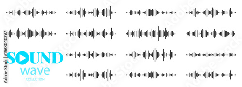 Sound amplitude wave set. Audio frequency bars with varied rhythm patterns. Black waveform lines for music player, podcast app, voice recorder, equalizer interface. Vector.