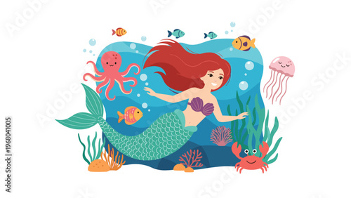 Beautiful red-haired mermaid swims in the deep blue ocean surrounded by colorful marine life including an octopus, jellyfish, and tropical fish.