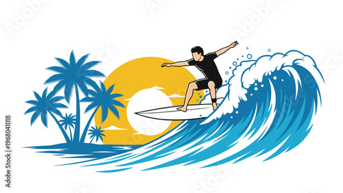 Energetic surfer rides a massive ocean wave during a tropical sunset with palm trees and a giant sun in a dynamic summer sports illustration.
