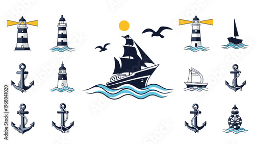 Nautical themed collection features a large sailing ship, lighthouses, anchors, seagulls, and sailboats for maritime exploration and travel concepts.