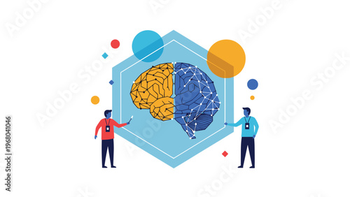 Cognitive science and neuroscience researchers study a human brain model with glowing connections to understand mental health and intelligence.