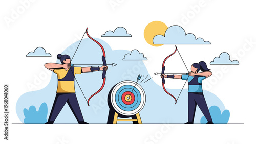 Two archery athletes aim their bows at a target in a professional outdoor competition held under a bright sunny sky with fluffy white clouds.