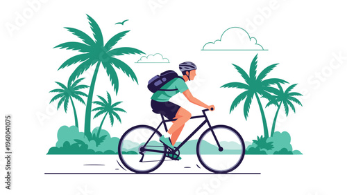 Young man riding a bicycle on a road through a tropical landscape with palm trees and white clouds in the blue sky.