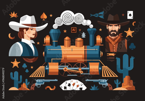 Vintage Wild West Vector Illustration Featuring Steam Locomotive, Cowboy, Cowgirl, Revolvers, and Playing Cards on Dark Background; Geometric Flat Design.
