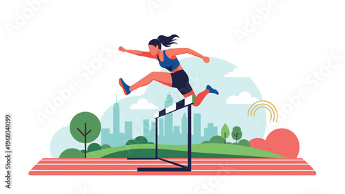 Female athlete jumping over a hurdle on a red running track with a modern city skyline and green park in the background.